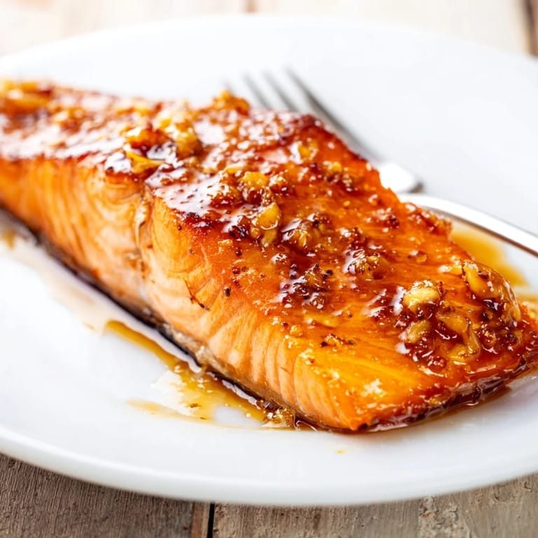 Freshly cooked Honey Garlic Salmon fillets garnished with green onions, resting on a dinner plate with steamed vegetables for a complete weeknight meal.