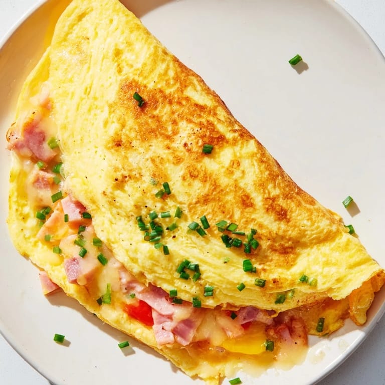 Perfectly cooked omelet with cheese, featuring a creamy interior and optional diced ham or vegetables as filling.