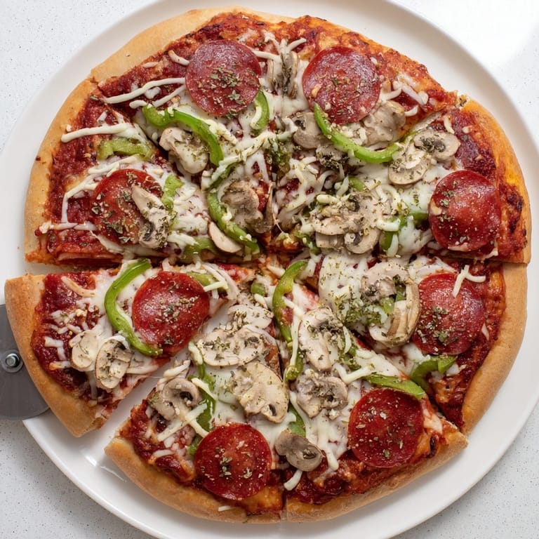 Homemade Stuffed Crust Pizza resting on a wooden board, revealing a thick cheesy center and savory toppings ready to be eaten.
