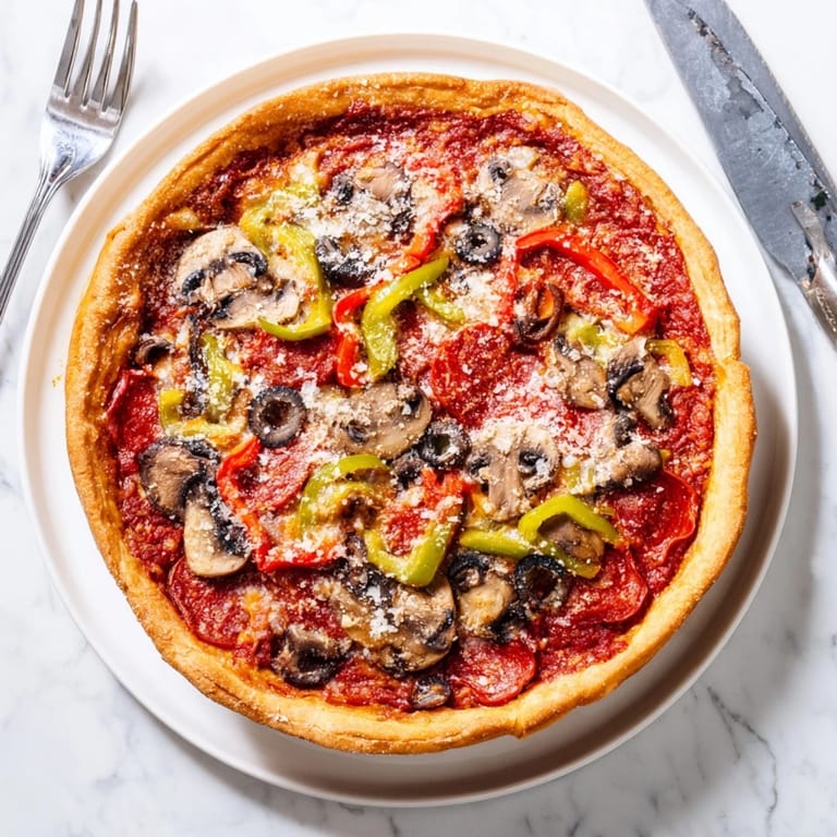 Bubbling Deep Dish Pizza emerges from the oven with golden, buttery crust edges, ready to slice.