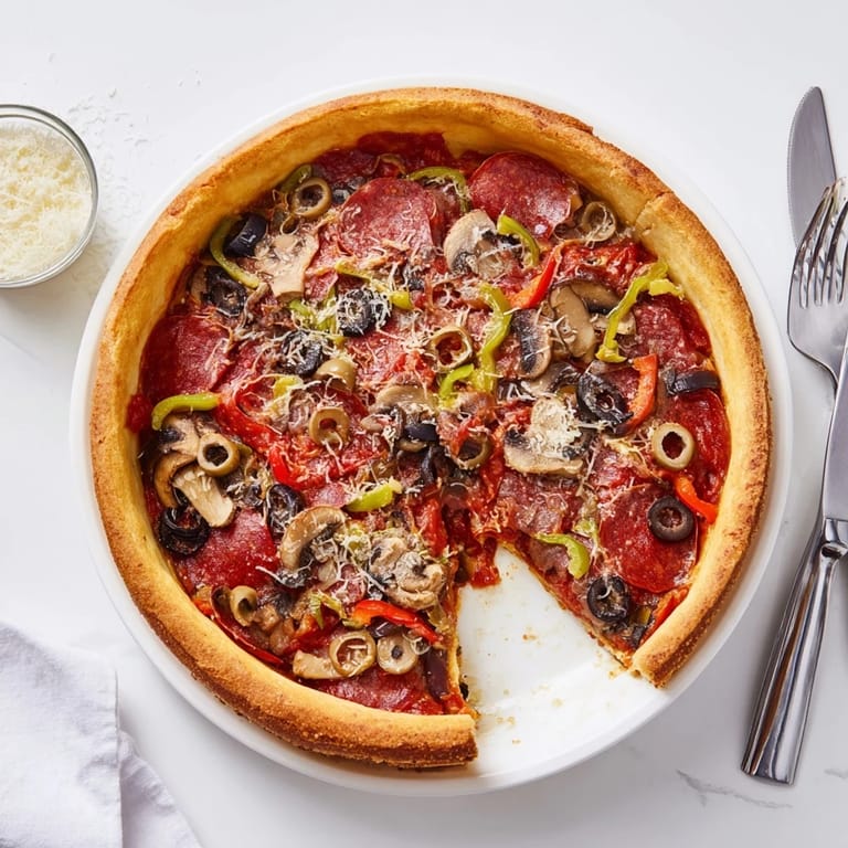 Slice of Deep Dish Pizza reveals layers of melted cheese and hearty toppings under rich tomato sauce.