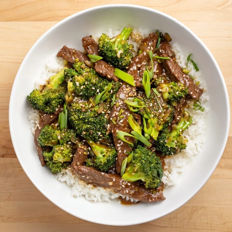A close-up of classic beef and broccoli served steaming hot from the wok with jasmine rice.