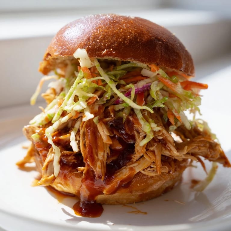 Homemade pulled chicken sandwich with soft brioche and creamy, tangy slaw, served on a rustic wooden table.  