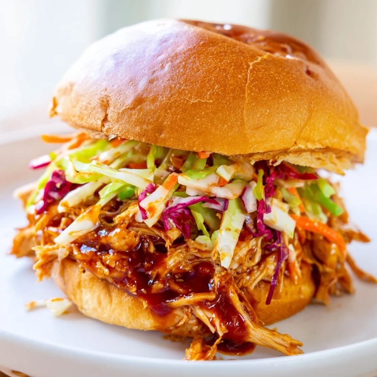 Steaming pulled barbecue chicken sandwich on a toasted brioche bun, layered with vibrant, crisp coleslaw for a classic comfort meal.