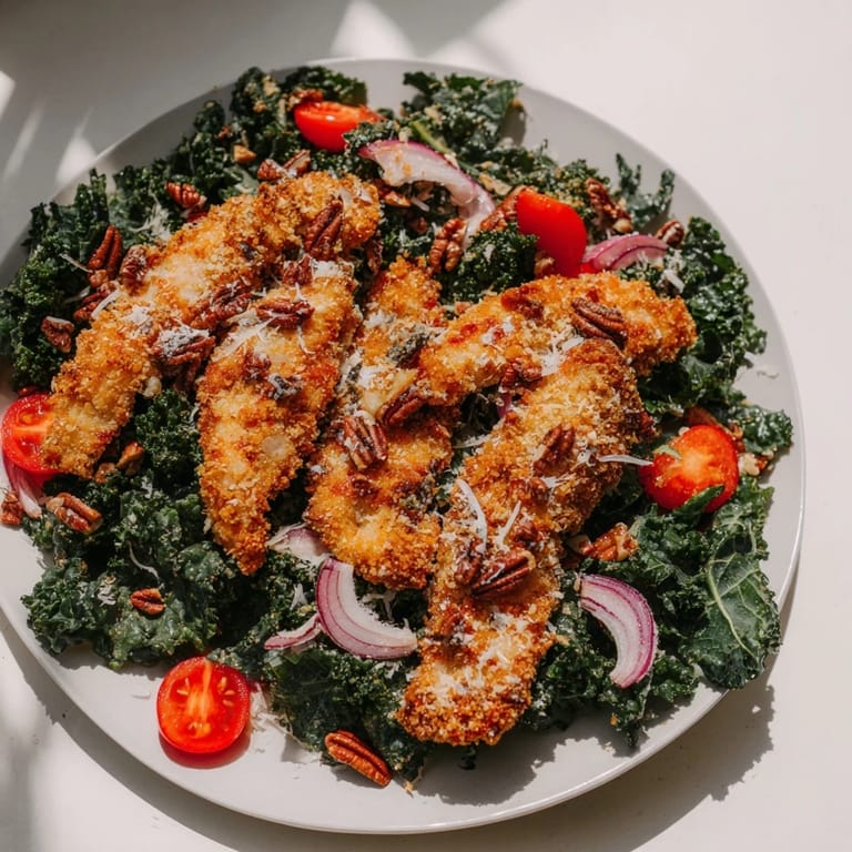 Hearty chicken kale salad featuring crunchy breaded chicken, Parmesan, and a vibrant maple-Dijon dressing, perfect for lunch.