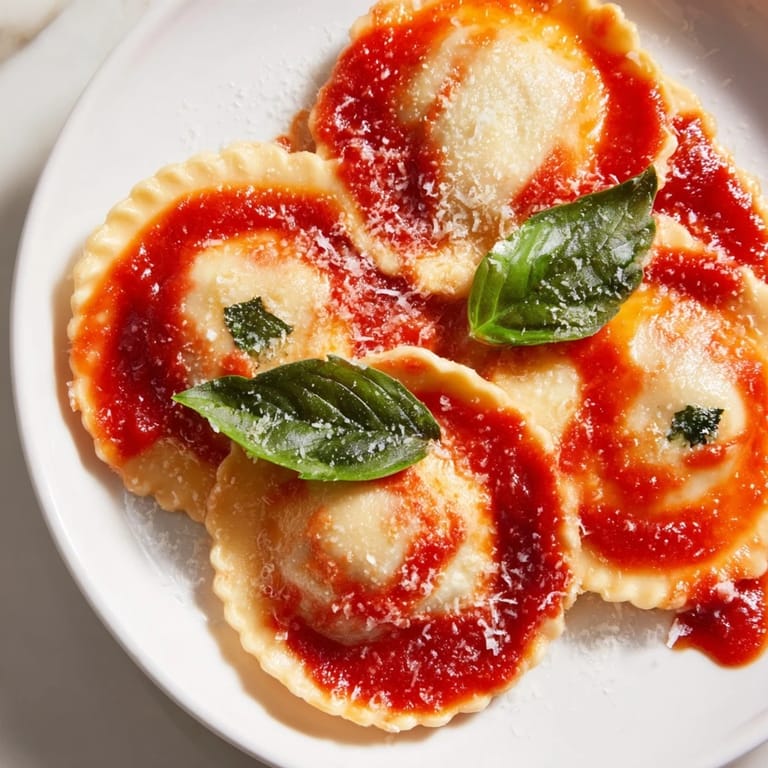 A plate of spinach ricotta ravioli topped with fresh basil and a generous sprinkle of Parmesan cheese.