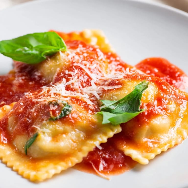 Homemade spinach ricotta ravioli served warm in a vibrant red sauce, perfect for a vegetarian dinner.