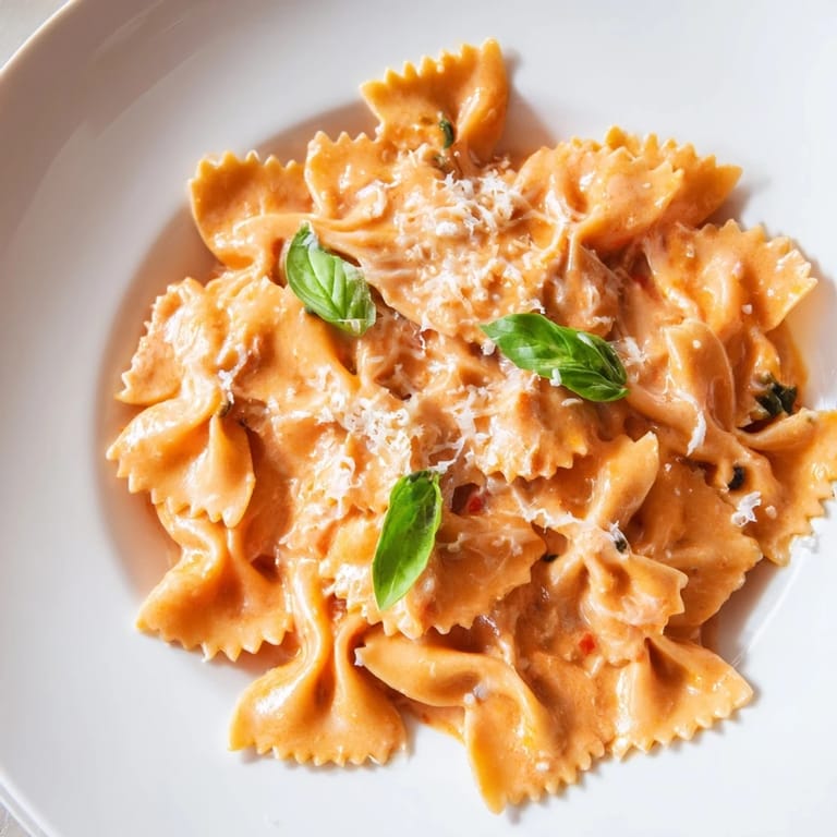 Easy Italian tomato basil bowtie pasta tossed with crushed tomatoes, heavy cream, and fresh basil.
