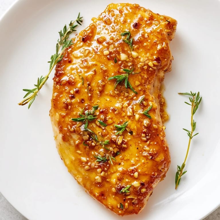 Close-up of juicy Honey Dijon Chicken Skillet with a rich, bubbly sauce, ready to pair with roasted vegetables.