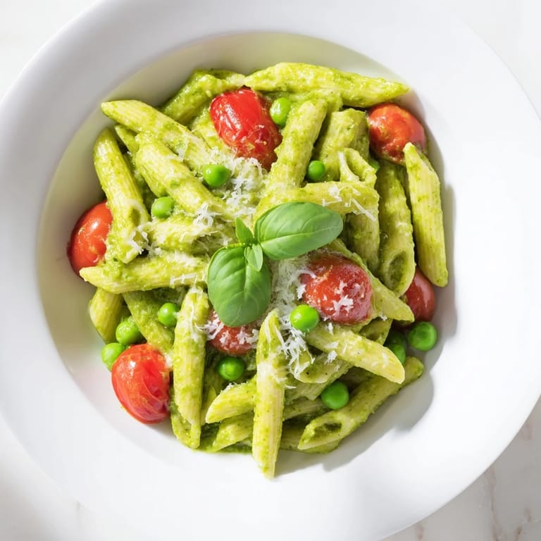 A fork lifts a bite of Green Pesto Pasta Salad, showcasing tender fusilli coated in vibrant basil pesto.