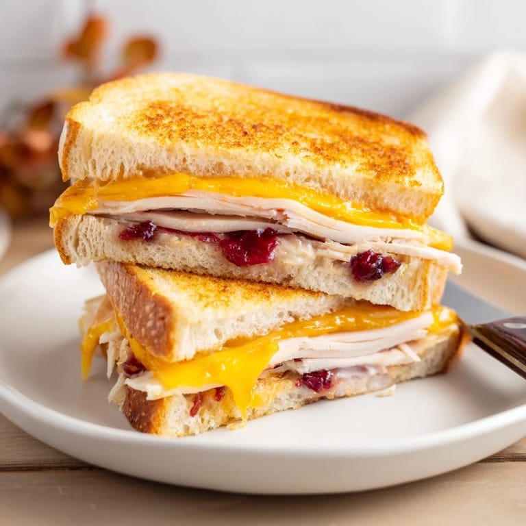 A Smoked Turkey Grilled Cheese sandwich cut in half, revealing layers of smoky turkey, sharp cheddar, and cranberry mustard spread.