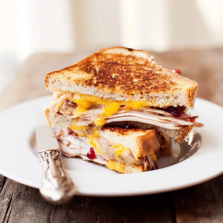 Two halves of a Smoked Turkey Grilled Cheese on a plate, ready to be served with a light salad or sweet potato fries.