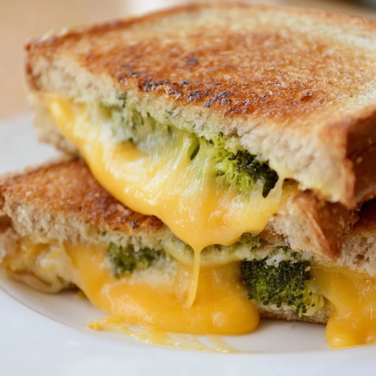 A hearty vegetarian Roasted Broccoli & Cheddar Grilled Cheese, sliced diagonally to reveal layers of melted cheese and caramelized broccoli on toasted whole wheat bread.
