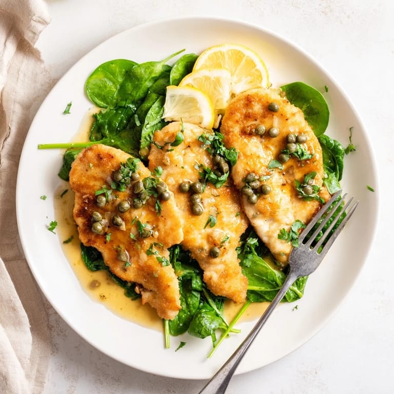 A close-up of Spinach Lemon Butter Chicken, showing juicy chicken and bright green spinach in a glossy sauce.