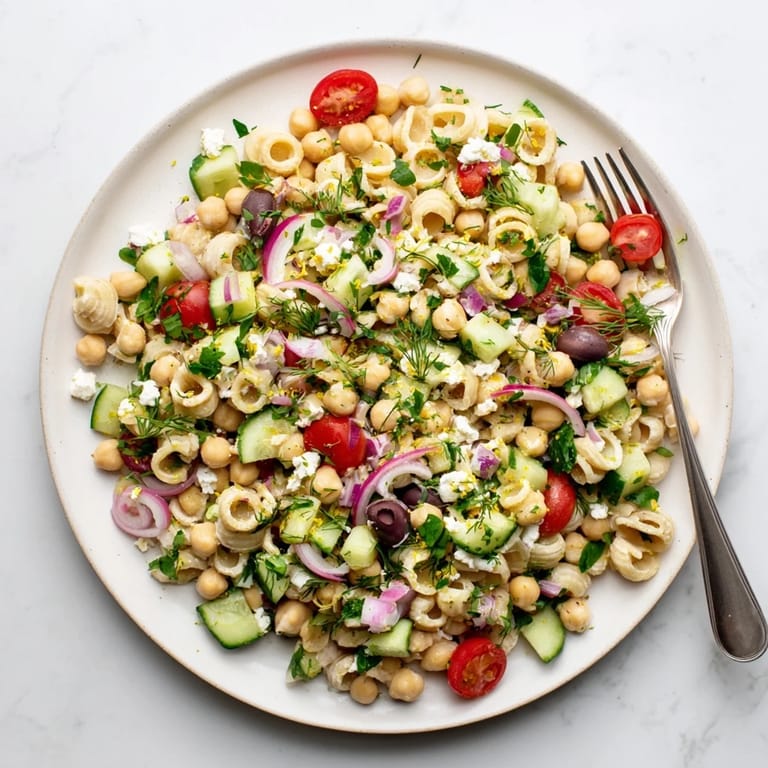 A close-up of Lemon Herb Chickpea Pasta Salad tossed with red onion and parsley, drizzled with olive oil and lemon juice for a refreshing lunch.