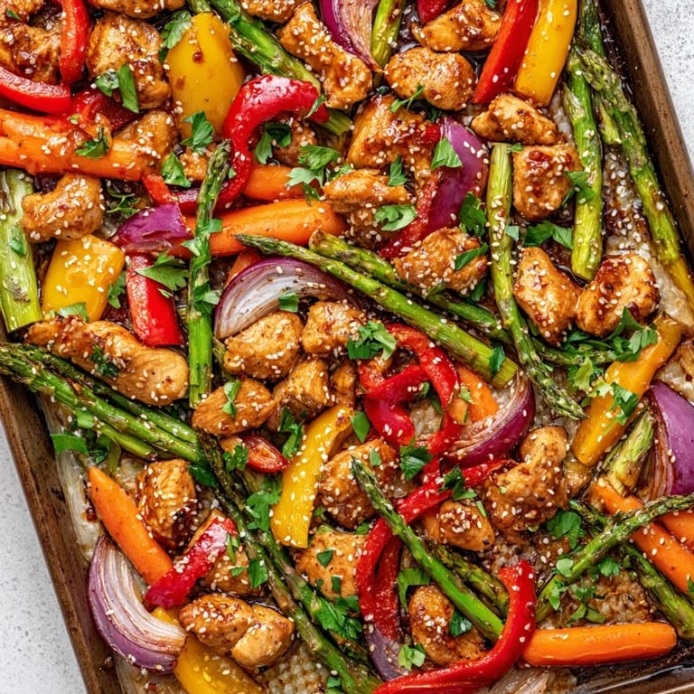 Sheet Pan Honey Garlic Chicken & Veg rests beside a fluffy bed of white rice, garnished with fresh parsley and sesame seeds for a colorful weeknight dinner.