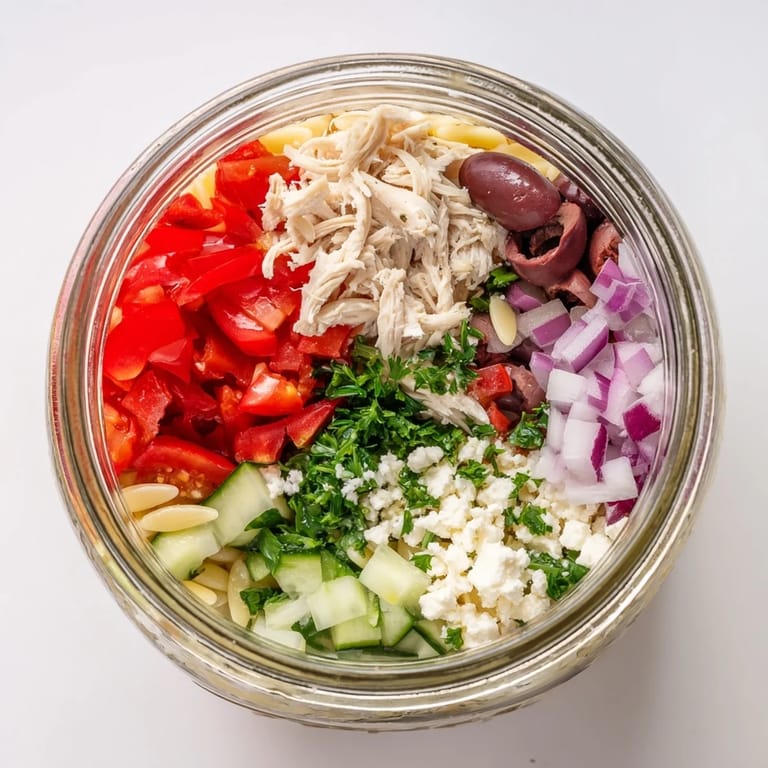 Healthy Greek Pasta Chicken Salad Jar recipe with orzo, grilled chicken, crisp veggies, and creamy feta, perfect for meal prep.