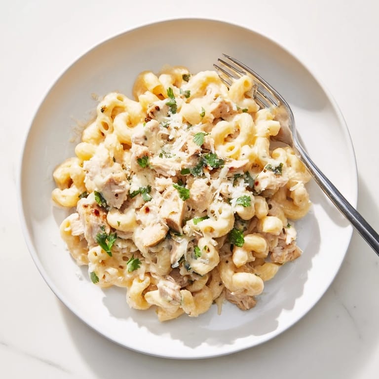 Green Chili Chicken Mac topped with fresh cilantro, ready to serve on a rustic table.