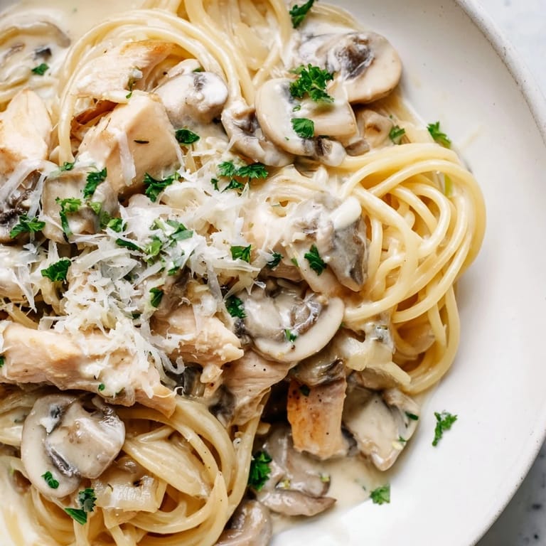 Serving suggestion for Creamy Mushroom Chicken Spaghettini: a warm, comforting Italian-inspired main dish presented in a white bowl with parmesan.