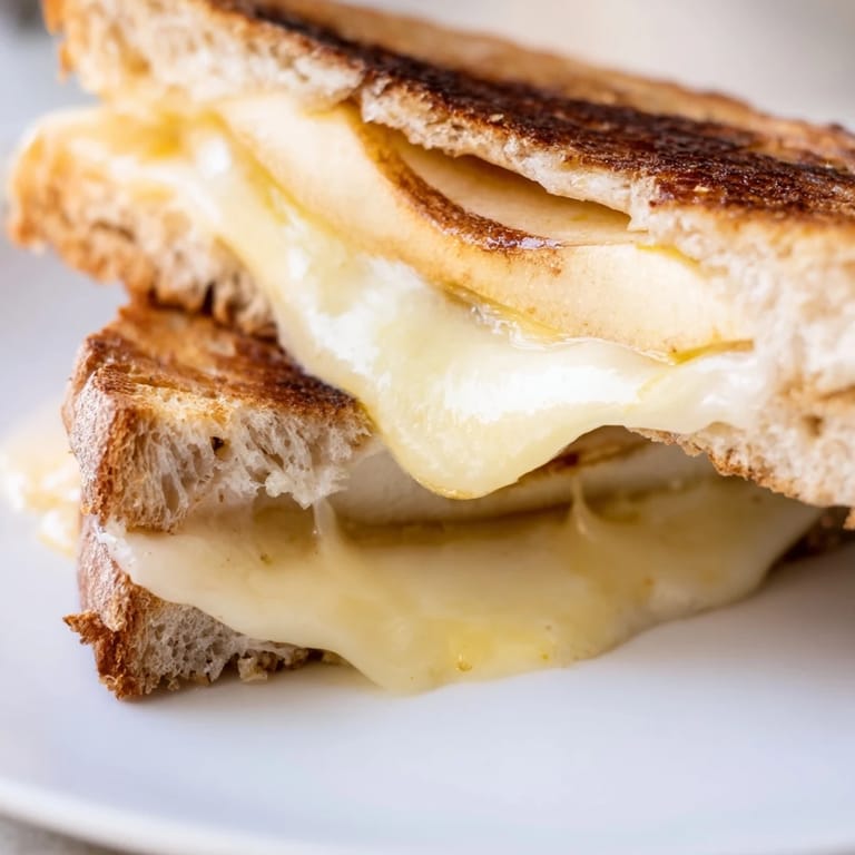 A close-up of a sliced Smoked Gouda & Apple Grilled Cheese, showcasing gooey cheese and tender apple layers.