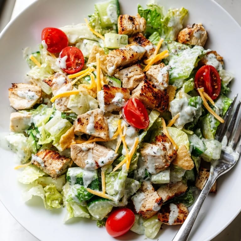 This hearty Jalapeño Ranch Chicken Salad features juicy chicken, cool romaine, and tangy ranch dressing with a subtle kick, served with optional avocado for an extra creamy American-style meal.