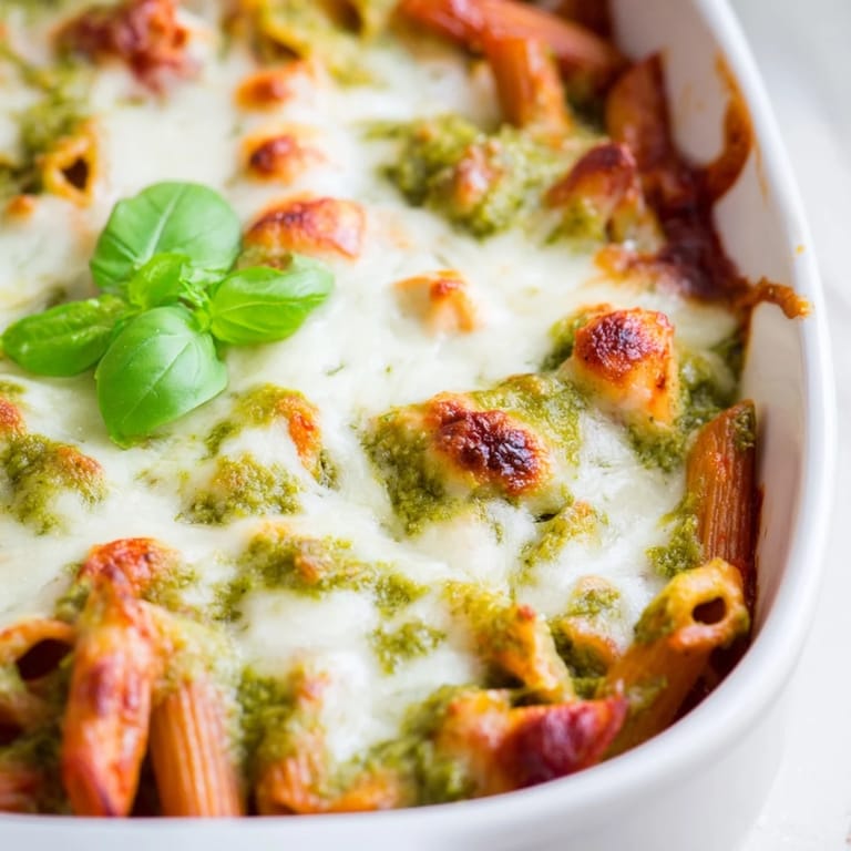 Hearty Pesto Chicken Pasta Bake with tender chicken pieces and al dente penne tossed in creamy pesto and marinara.
