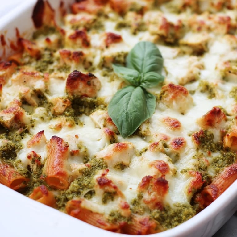 Serving of baked Pesto Chicken Pasta in a ceramic dish, garnished with fresh basil and a side salad suggestion.