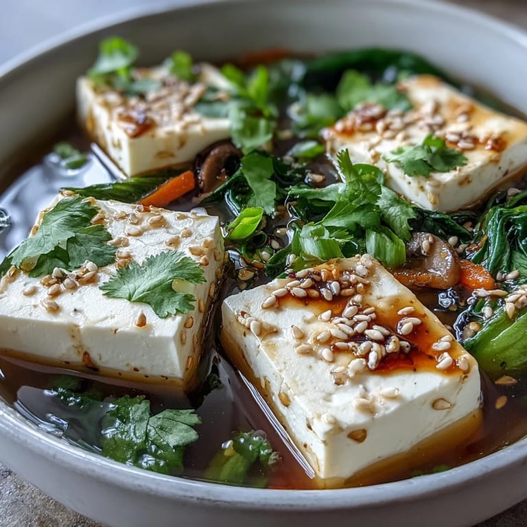 Asian tofu and vegetable soup, showcasing soft tofu, vibrant vegetables, perfect for lunch.