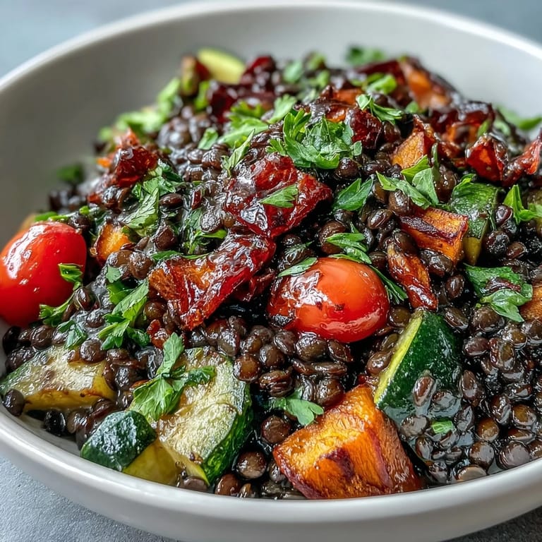 Hearty Black Lentil Salad loaded with colorful roasted vegetables and a bright lemon dressing.