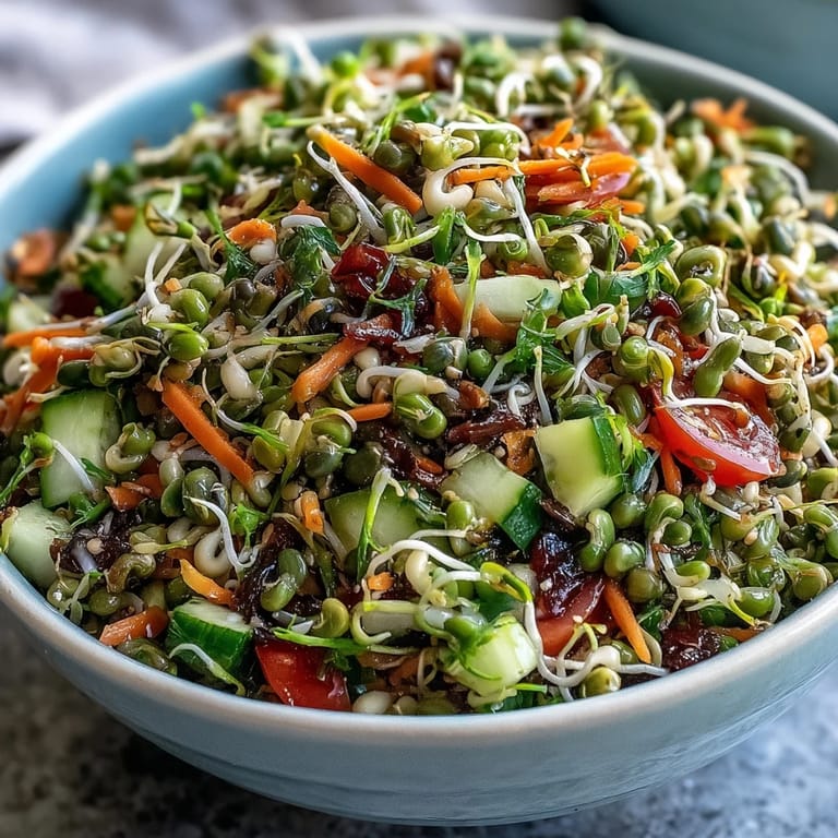 Freshly prepared Sprouted Seed Salad, a healthy mix of sprouts and garden vegetables.