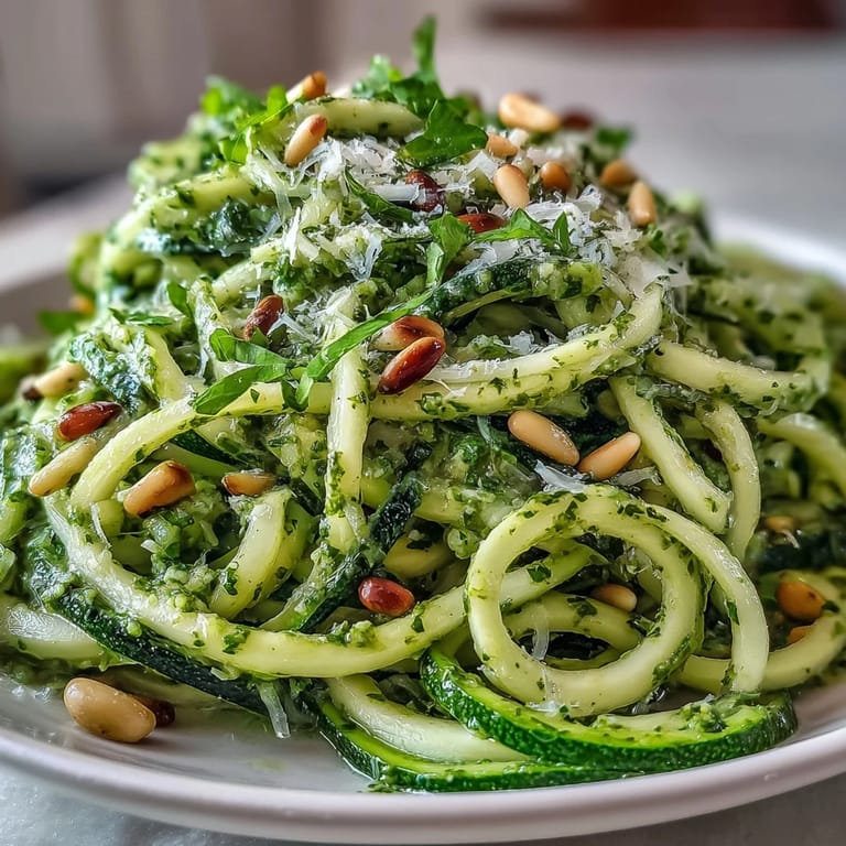 Enjoy these light zucchini noodles with homemade pesto, a perfect dinner.
