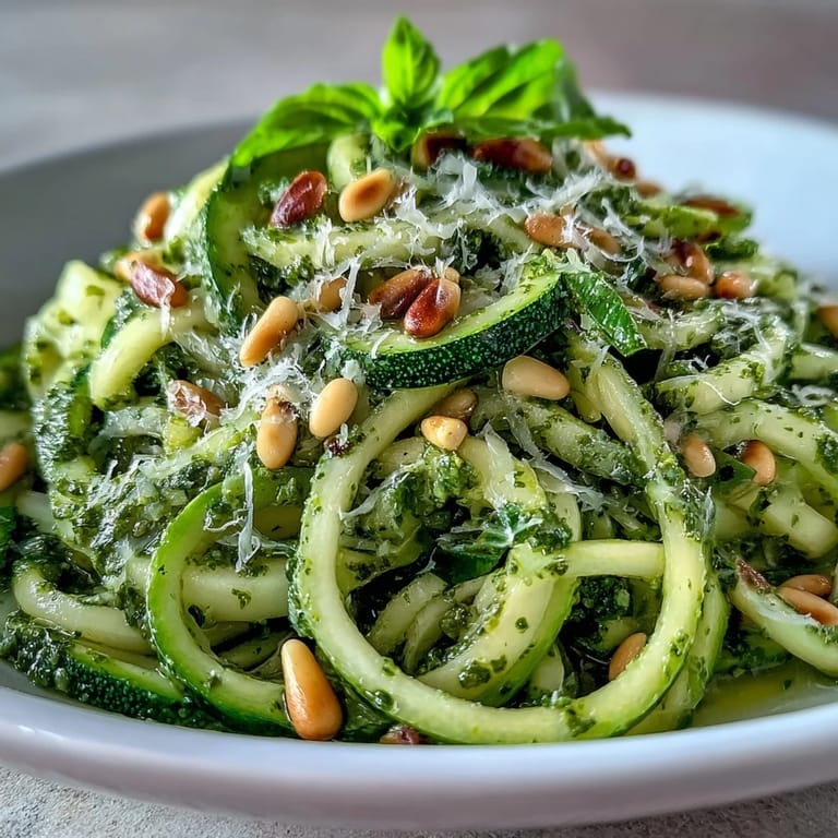 Freshly made zucchini noodles generously coated in bright basil pesto.