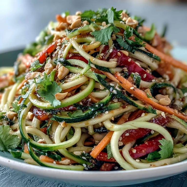 Colorful spiralized vegetables tossed in a light Asian-inspired dressing, ideal side dish.