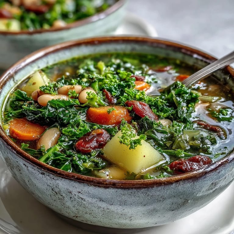 Nourishing kale soup featuring wilted kale, diced potatoes, and cumin-spiced broth, garnished with fresh lemon zest.