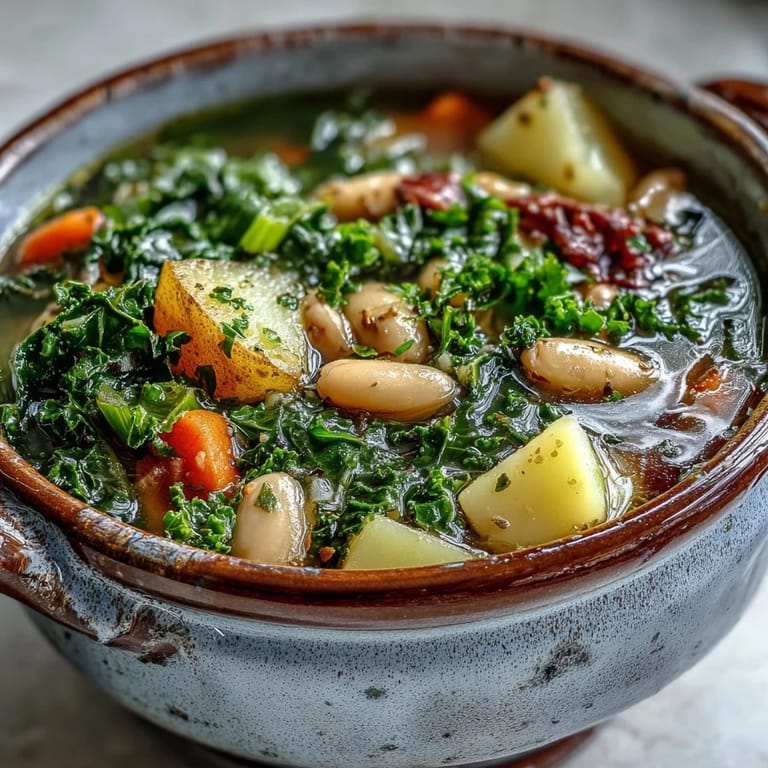 Steaming bowl of hearty kale soup with root vegetables, served hot with a rustic slice of bread.