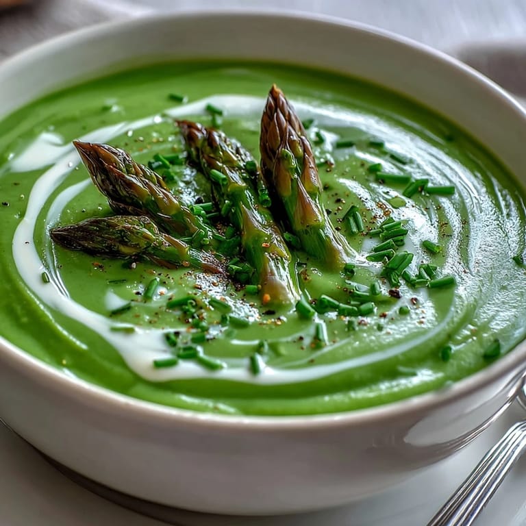 Creamy Asparagus Soup ladled into a white bowl, bright green puree topped with lemon and chives.