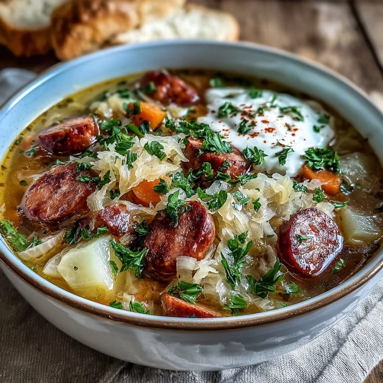 Smoked kielbasa and tender potatoes simmer in this tangy Sauerkraut Soup, served with rye bread.
