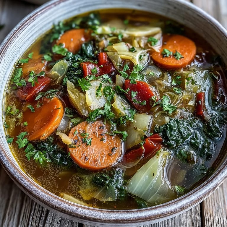 Hearty pot of Cabbage Soup simmering with red bell peppers and zucchini in vegetable broth.