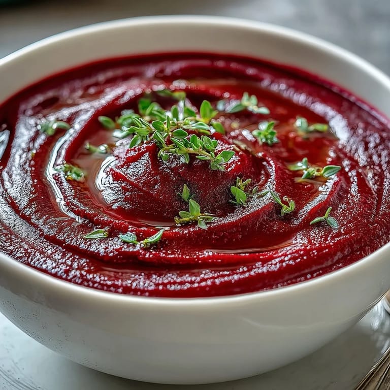 Steamed roasted beet soup topped with a swirl of cream alongside crusty bread.