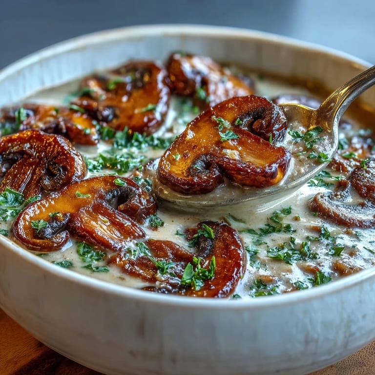Steaming mushroom soup in a white bowl, highlighting golden-brown mushrooms and thyme for cozy comfort.