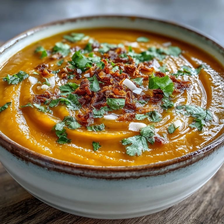 A bowl of creamy Carrot and Coconut Soup garnished with cilantro, coconut flakes, and a lime wedge on the side.