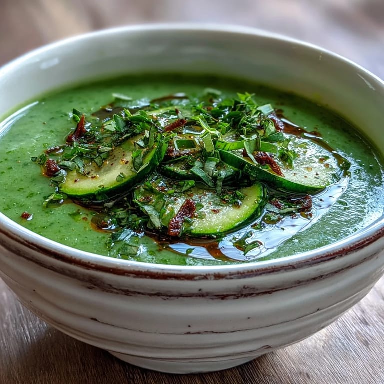 A silky bowl of Zucchini Soup garnished with olive oil drizzle and fresh herbs, ready to enjoy.