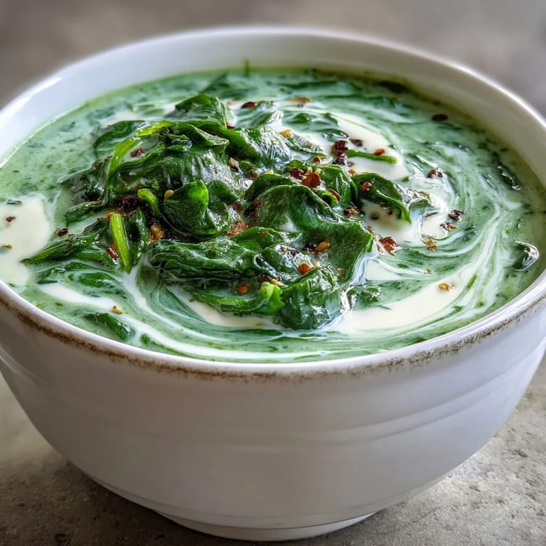 Smooth, velvety spinach soup in a glass mug, steaming gently on a marble countertop.