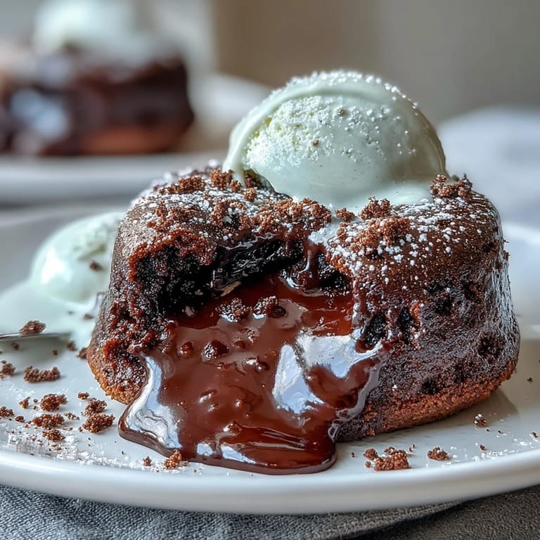 Close-up of a fork breaking into a Chocolate Lava Cakes with Espresso, revealing a gooey, rich chocolate and espresso lava flow.