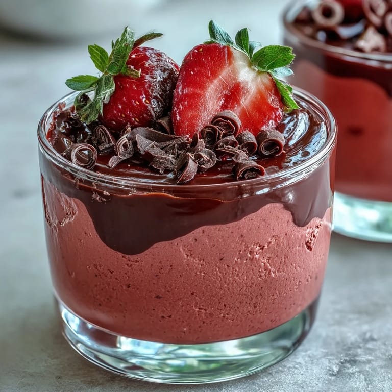 Decadent chocolate-covered strawberry mousse served in a glass, featuring shaved chocolate and a bright mint leaf.
