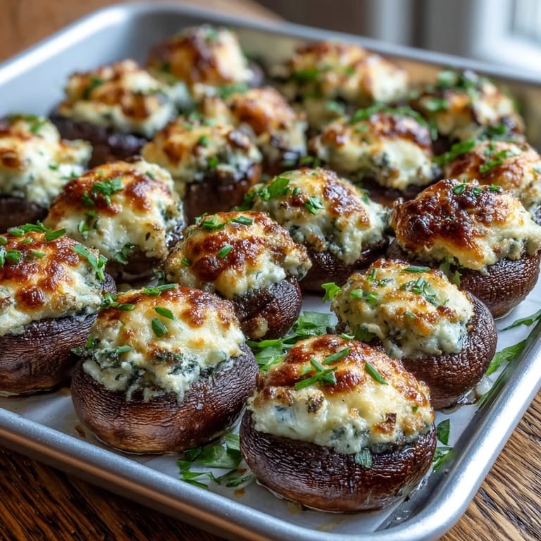 Freshly roasted Stuffed Asiago-Basil Mushrooms, garnished with basil, resting on a dark tray next to a glass of white wine.