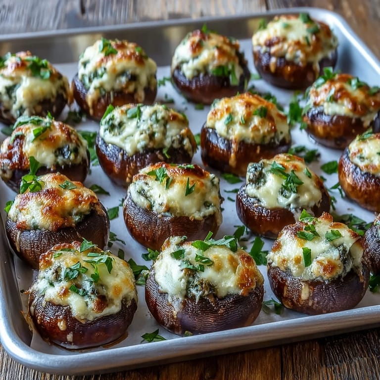 Perfectly baked Stuffed Asiago-Basil Mushrooms, featuring bubbly Asiago tops and tender caps, ideal for an elegant appetizer.