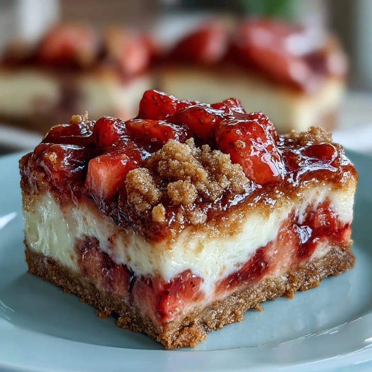 Homemade Strawberry Cheesecake Bars served on a white plate, perfect for a picnic.