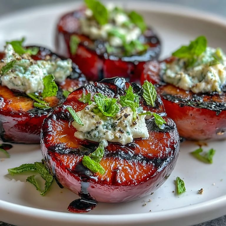 Balsamic-Goat Cheese Grilled Plums served warm with a honey balsamic reduction and a sprinkle of black pepper for extra flavor.