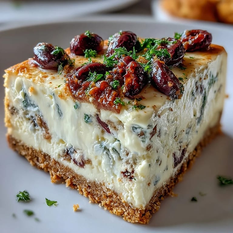 Savory Greek-inspired Kalamata cheesecake appetizer cut into neat wedges, served with crackers on a wooden board for sharing. 